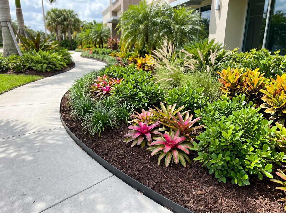 Tropical commercial landscape beds with fresh mulch