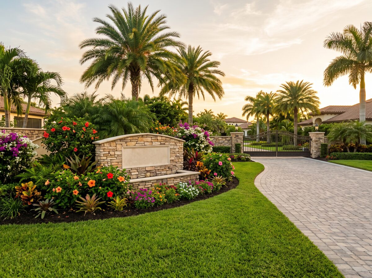 Manicured HOA entrance with flowering beds and palm trees