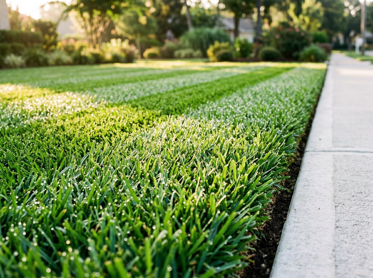 Freshly mowed lawn with crisp edge against sidewalk